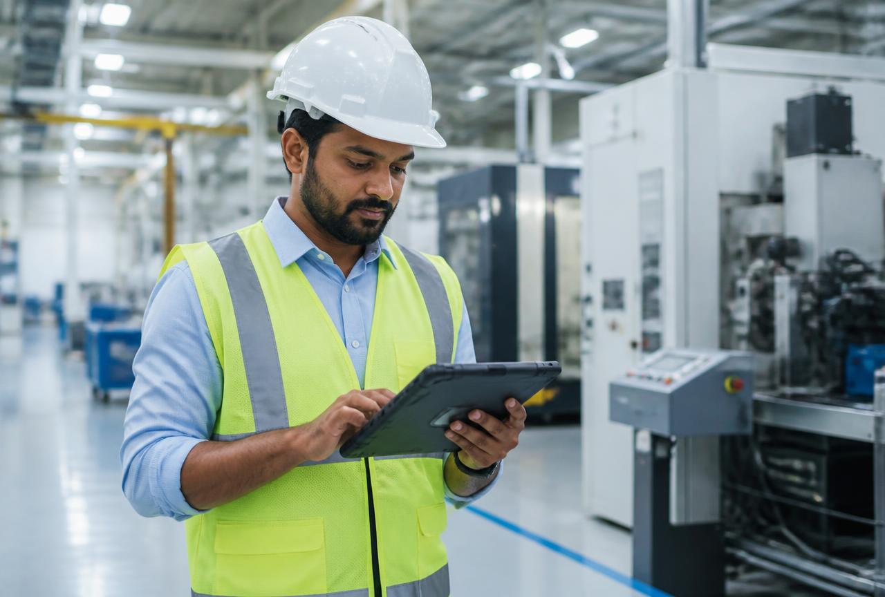 Engineer reviewing instrumentation on a plant floor