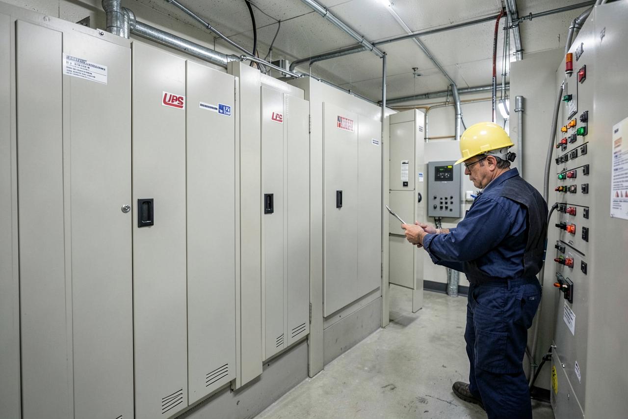 Electrical distribution and UPS equipment in a facility power room
